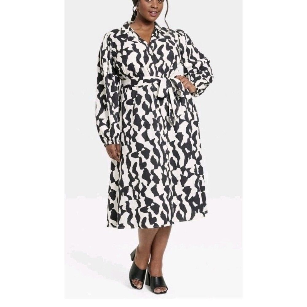Ava & Viv Shirtdress Women's 4X Black Ivory Abstract Balloon Long Sleeve Cotton